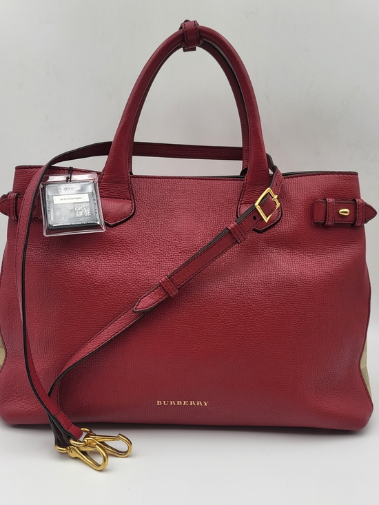 Burberry Handbags - BURBERRY Grainy Calfskin House Check Medium Banner Tote Red, Auth w/COA.